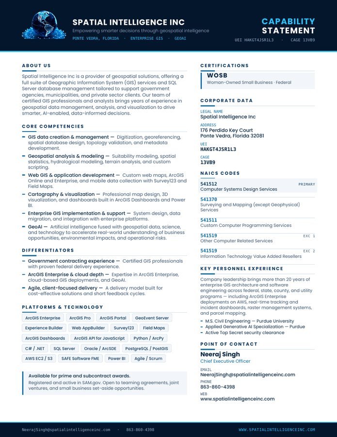 First page of the Spatial Intelligence Inc capability statement, listing core competencies, differentiators, certifications, and corporate data.